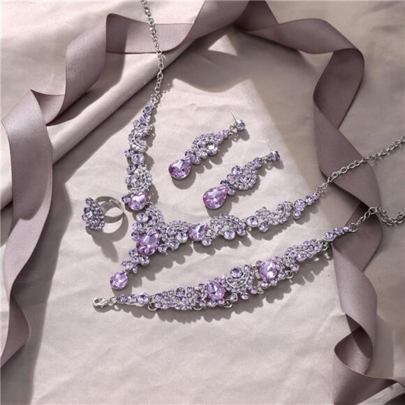 Rhinestone Bridal Necklace Earrings Set Wedding Jewelry Floral Teardrop Jewelry - Picture 4 of 7